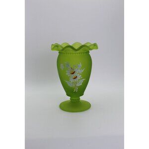 Westmoreland Frosted Green Satin Glass Pedestal Vase With Hand-Painted Floral De